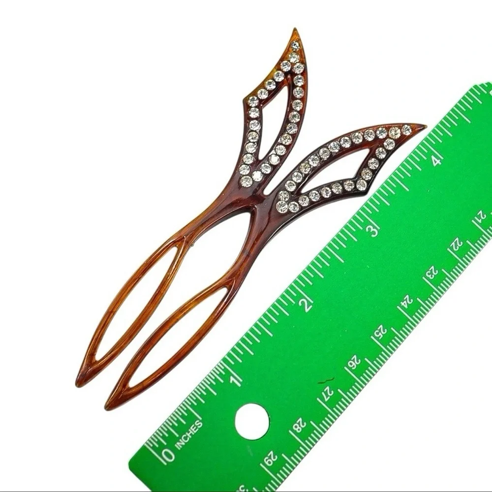 Vintage Faux Tortoise Hair Fork Stick with Rhinestone Accents